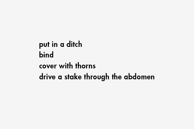 put in a ditch / bind / cover with thorns / drive a stake through the abdomen