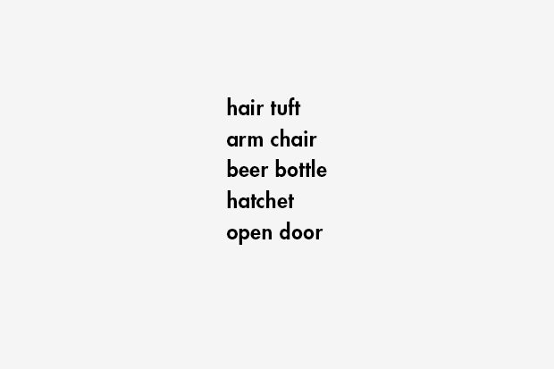 hair tuft / arm chair / beer bottle / hatchet / open door