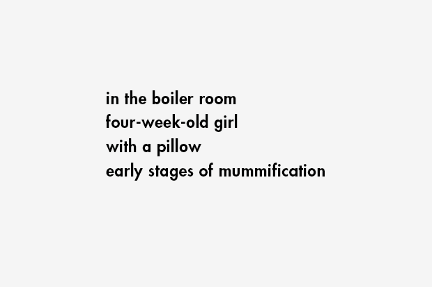 in the boiler room / four-week-old girl / with a pillow / early stages of mummification
