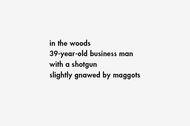 in the woods / 39-year-old business man / with a shotgun / slightly gnawed by maggots